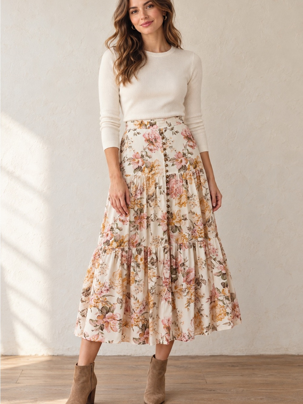 Ever New Floral Button Detail Tiered Midi Skirt 4